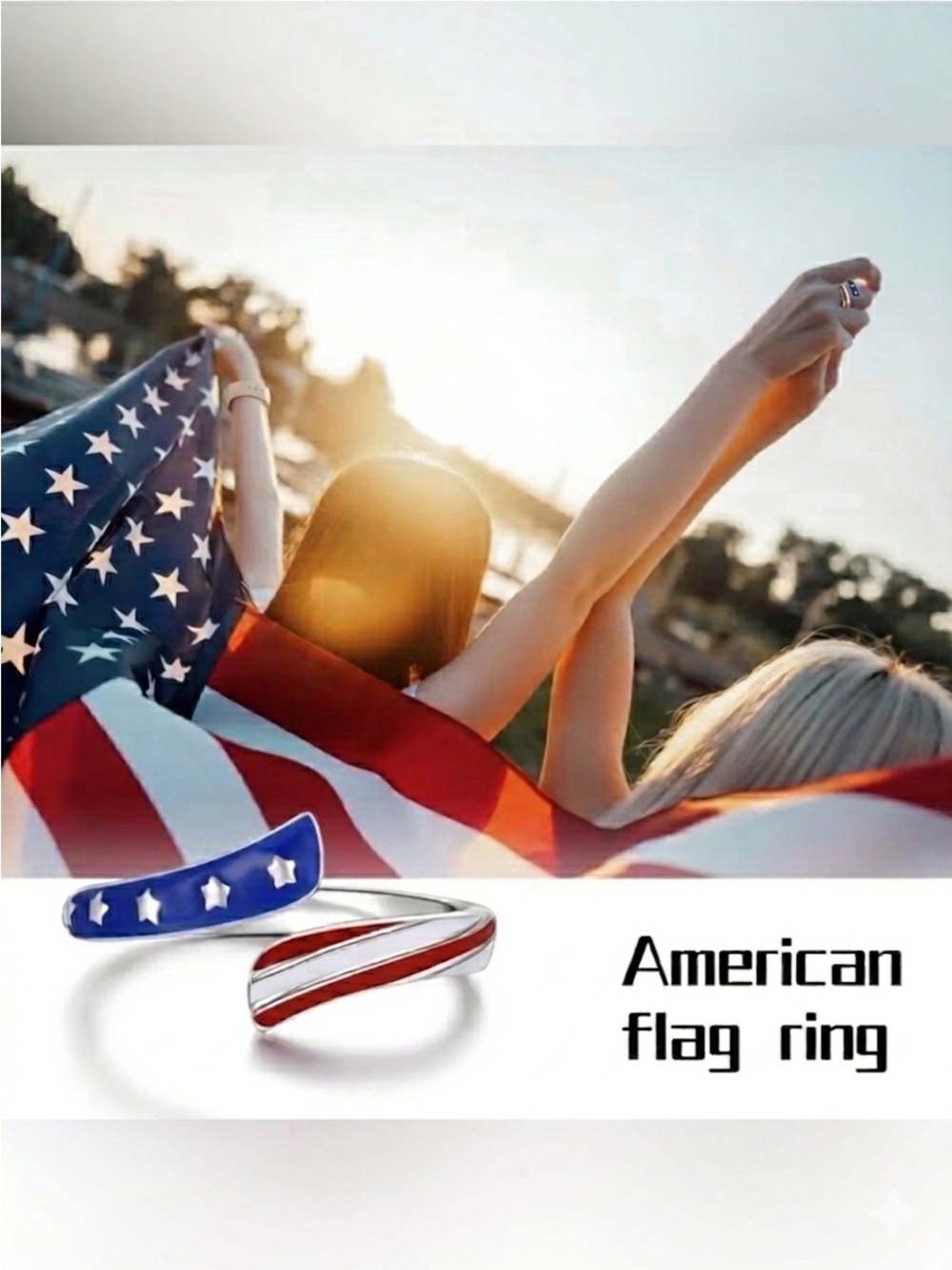 Patriotic Adjustable Ring. Silver, Red, White & Blue
